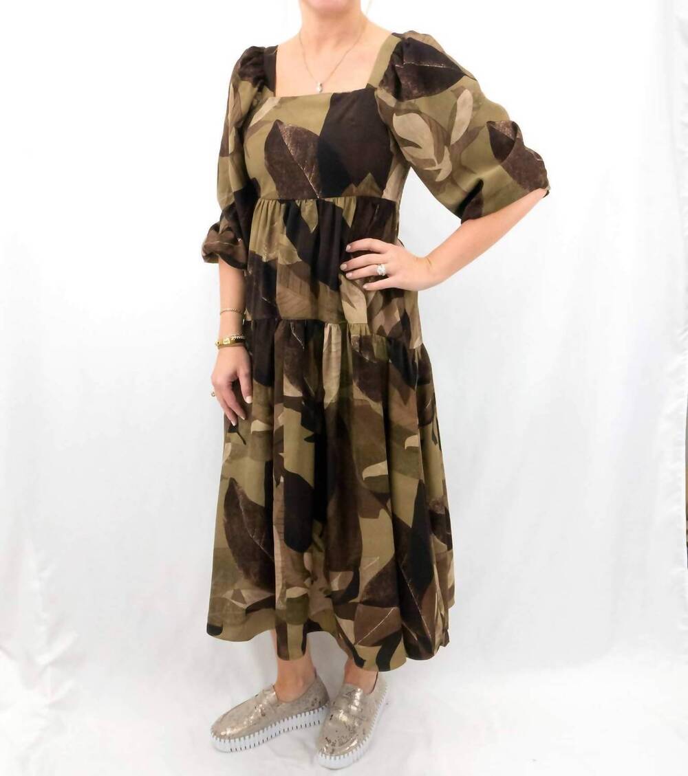 NEW ENTRO leaf print square neck maxi dress in olive